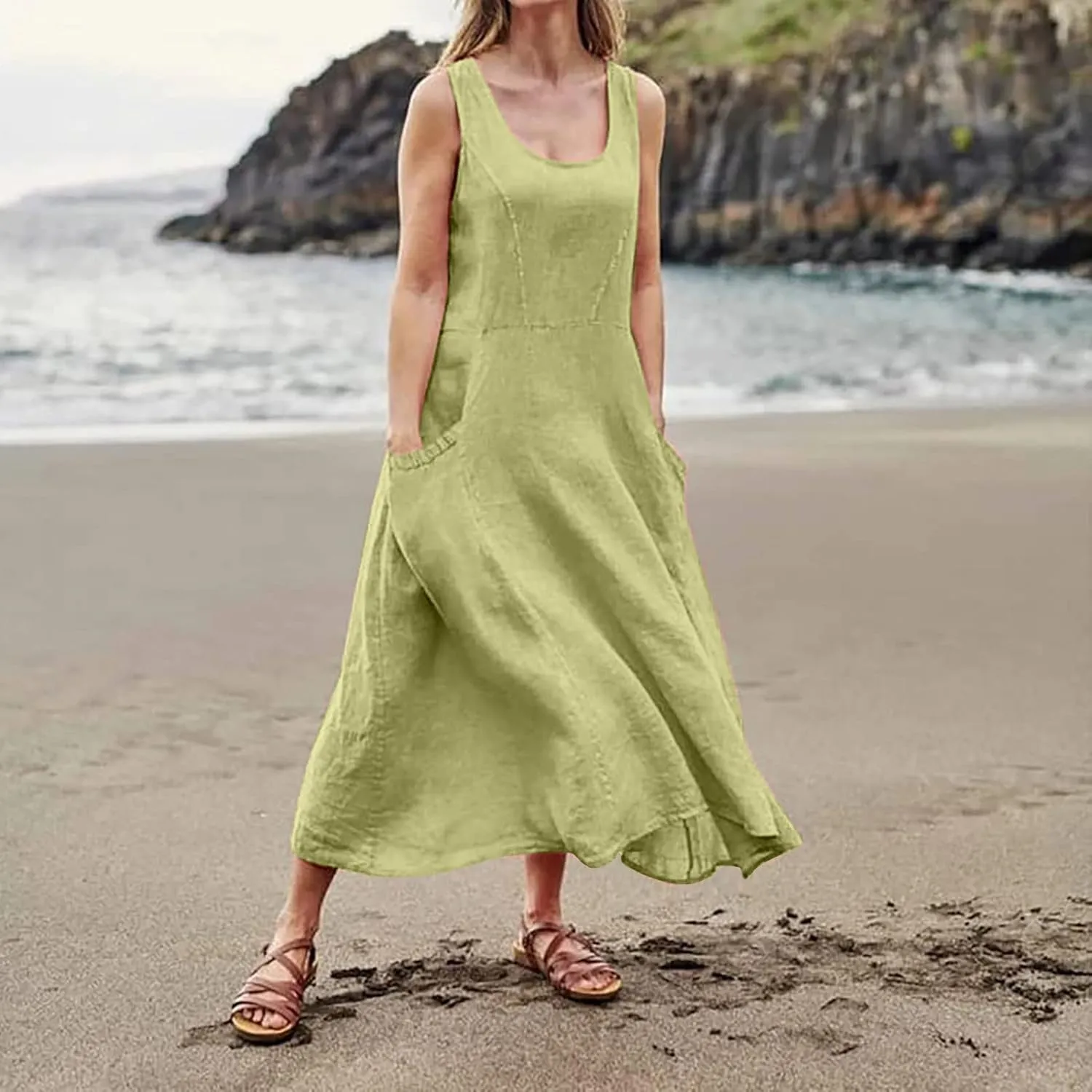 Women's Plus Size Summer Dresses 2025 Trendy Sleeveless Dresses Casual Baggy Flowy Maxi Sun Dresses Pocket