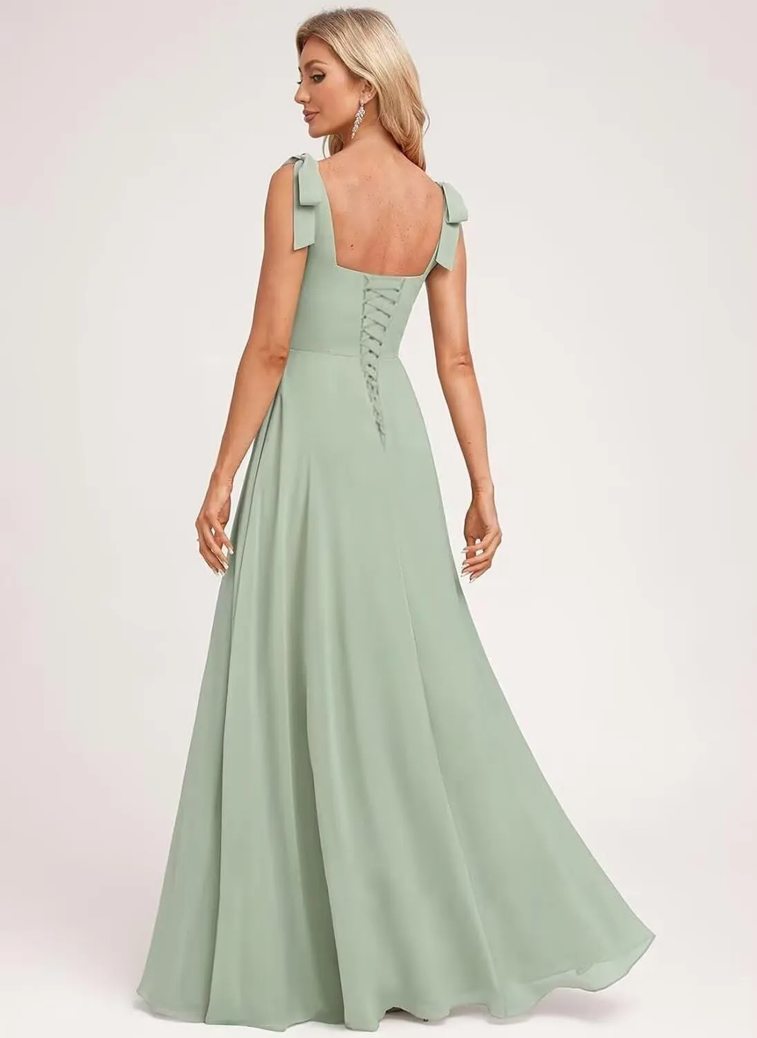 Women's Ruffle Chiffon Bridesmaid Dresses for Women with Bow Square Neck Formal Party Gowns with Pockets DE190