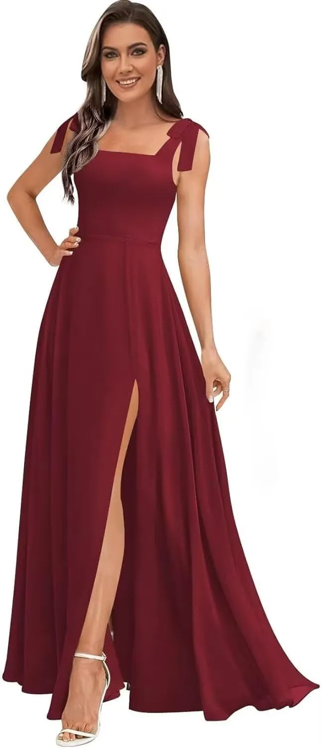 Women's Ruffle Chiffon Bridesmaid Dresses for Women with Bow Square Neck Formal Party Gowns with Pockets DE190