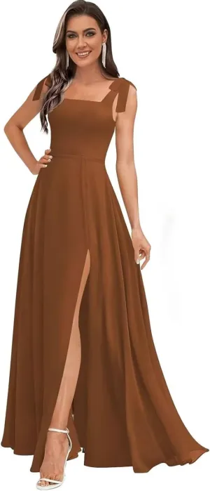 Women's Ruffle Chiffon Bridesmaid Dresses for Women with Bow Square Neck Formal Party Gowns with Pockets DE190