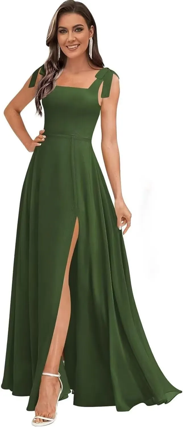 Women's Ruffle Chiffon Bridesmaid Dresses for Women with Bow Square Neck Formal Party Gowns with Pockets DE190