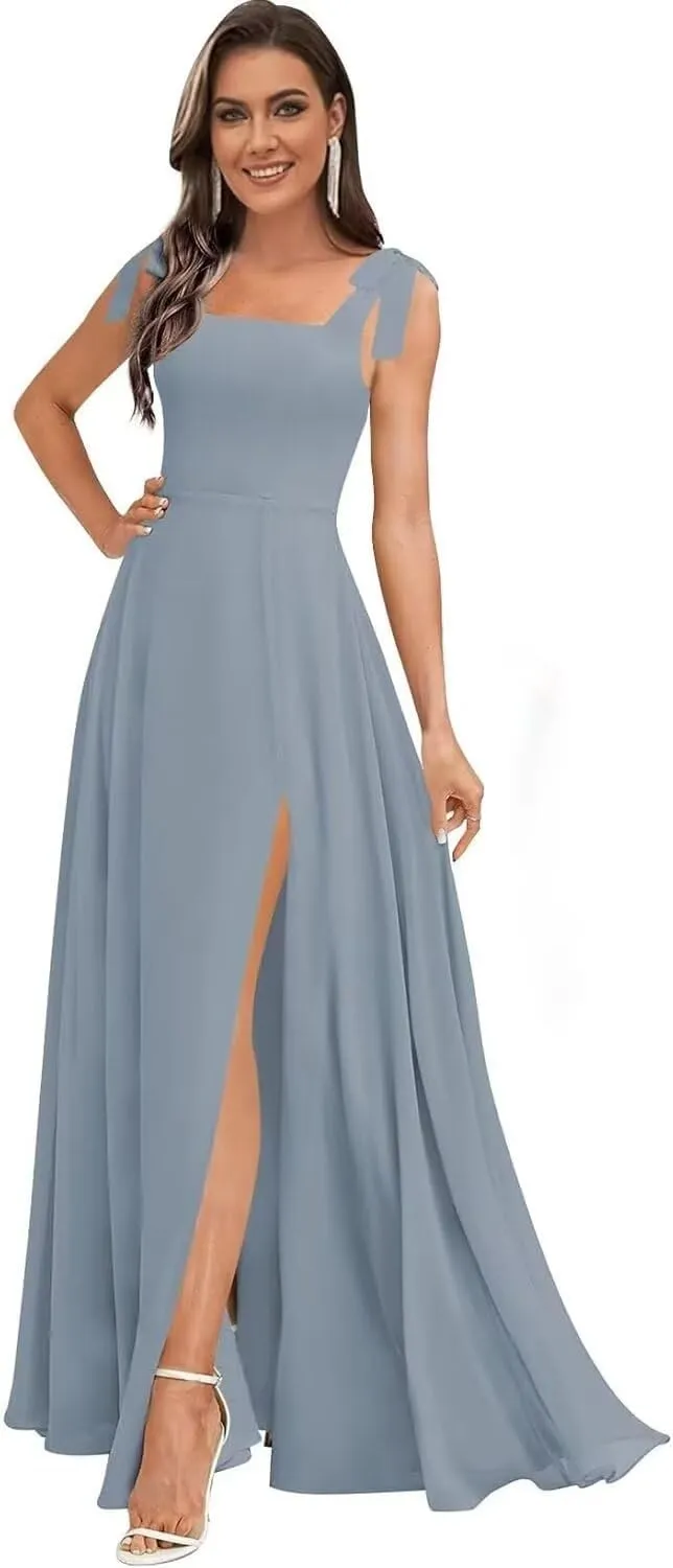 Women's Ruffle Chiffon Bridesmaid Dresses for Women with Bow Square Neck Formal Party Gowns with Pockets DE190