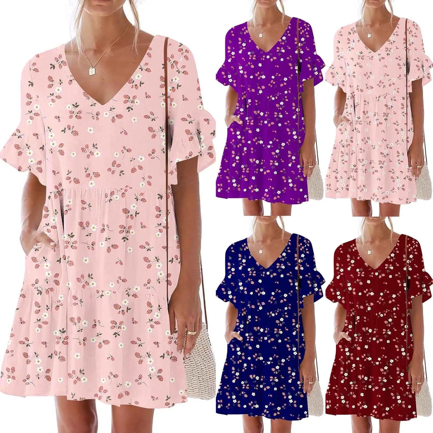 Women's Ruffle Floral Print Mini Dresses Trendy Casual 2025 Summer Loose V Neck Short Sleeve A-Line Boho Dress with Pockets