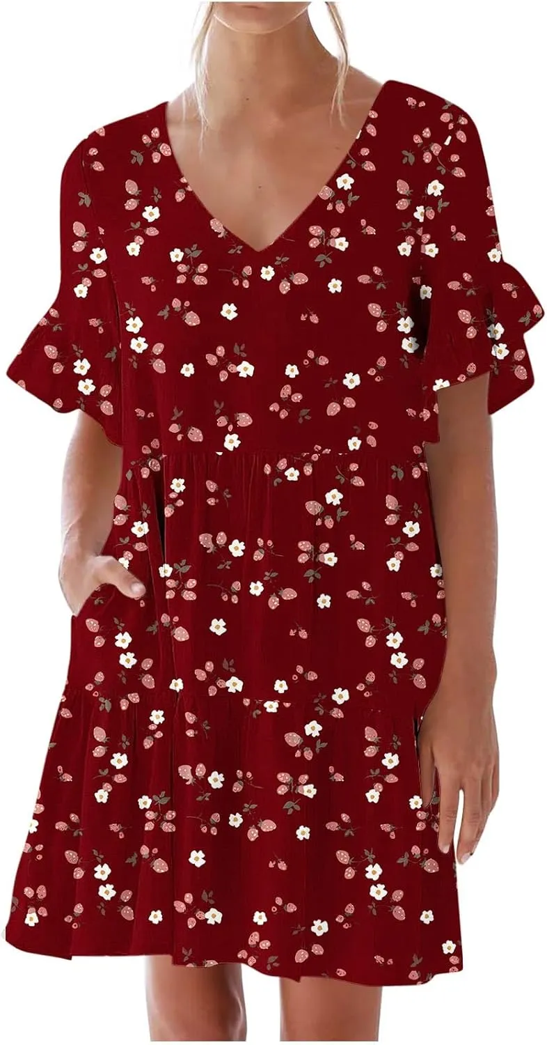 Women's Ruffle Floral Print Mini Dresses Trendy Casual 2025 Summer Loose V Neck Short Sleeve A-Line Boho Dress with Pockets