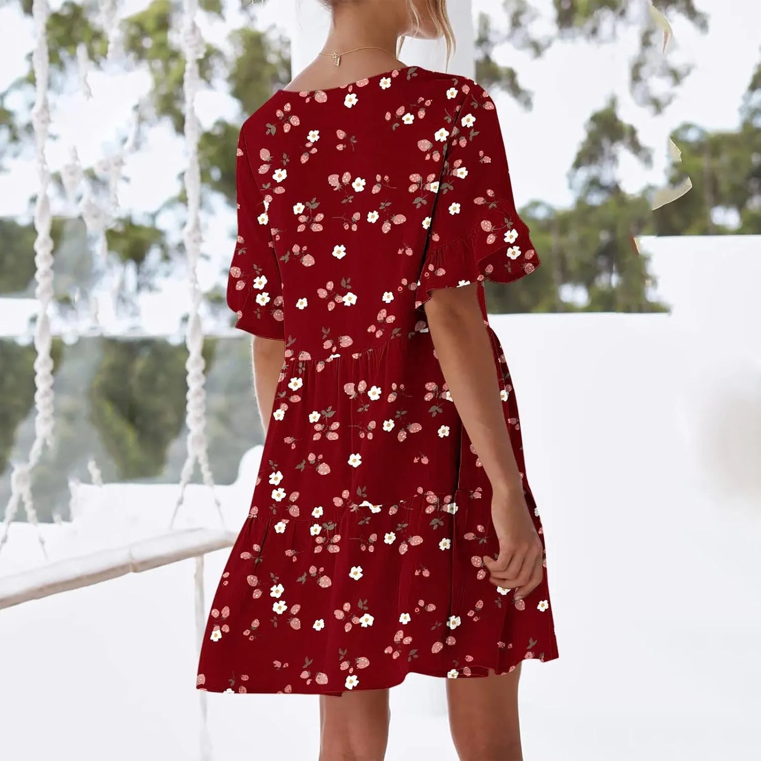 Women's Ruffle Floral Print Mini Dresses Trendy Casual 2025 Summer Loose V Neck Short Sleeve A-Line Boho Dress with Pockets