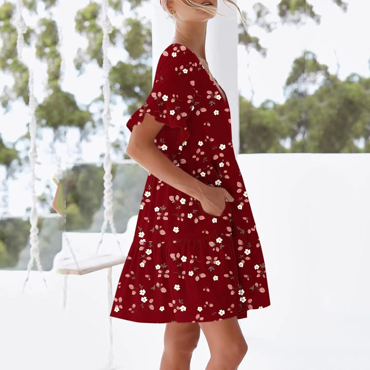 Women's Ruffle Floral Print Mini Dresses Trendy Casual 2025 Summer Loose V Neck Short Sleeve A-Line Boho Dress with Pockets