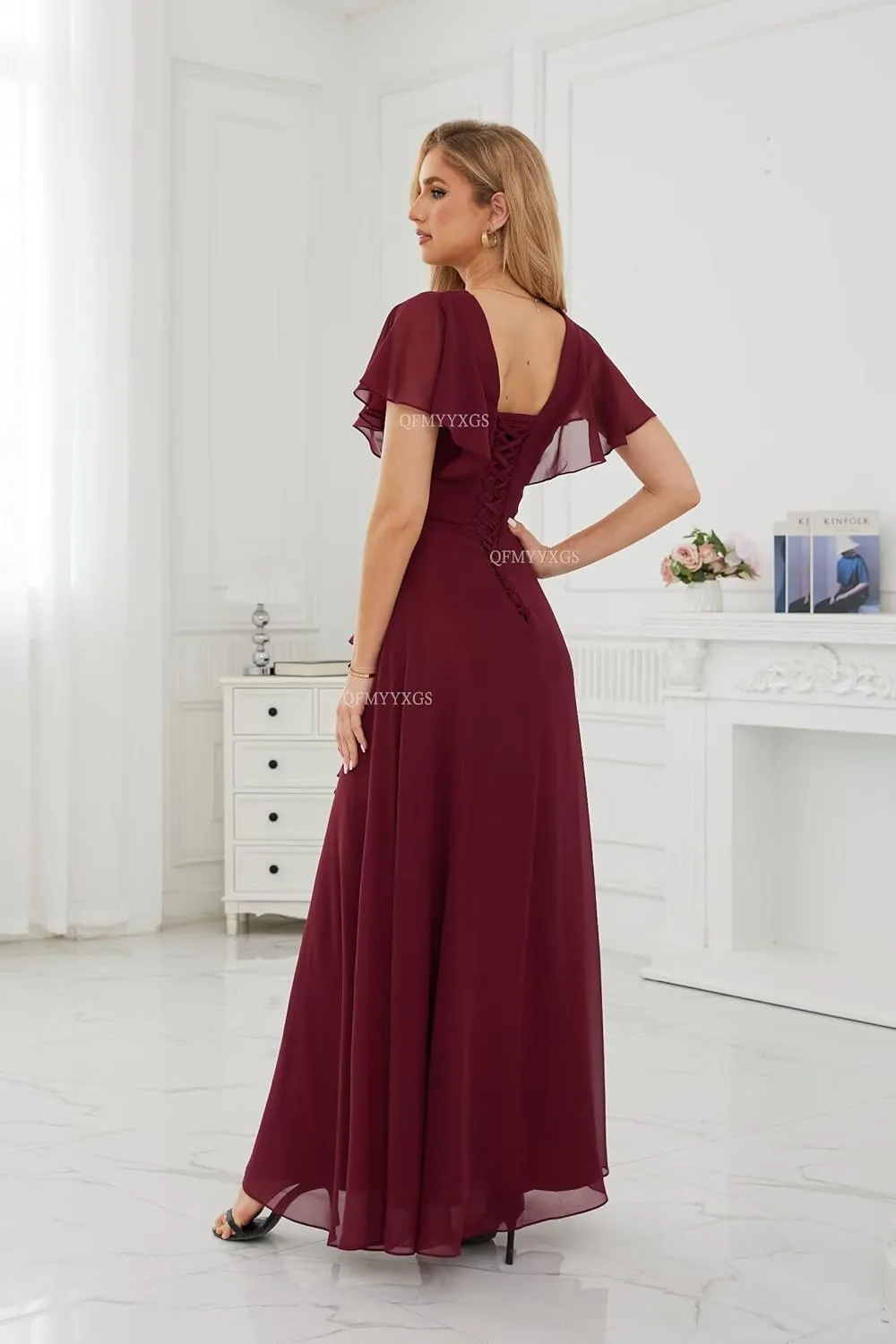 Women's Ruffle Sleeve Bridesmaid Dress for Women Long Chiffon Formal Wedding Guest Dress Evening Gown with Slit