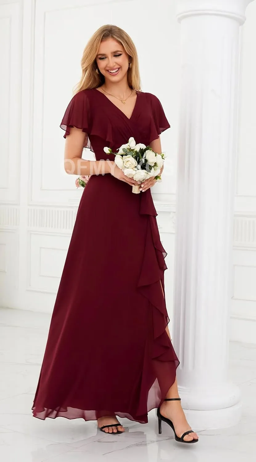 Women's Ruffle Sleeve Bridesmaid Dress for Women Long Chiffon Formal Wedding Guest Dress Evening Gown with Slit