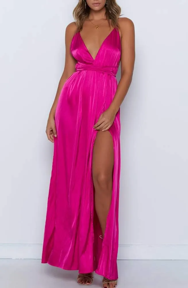 Women's Satin Formal Dress Sexy V Neck Backless Split Long Maxi Cocktail Party Wedding Guest Dress