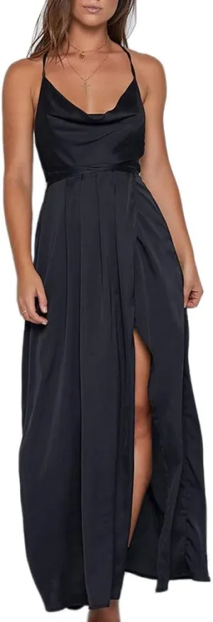 Women's Satin Formal Dress Sexy V Neck Backless Split Long Maxi Cocktail Party Wedding Guest Dress