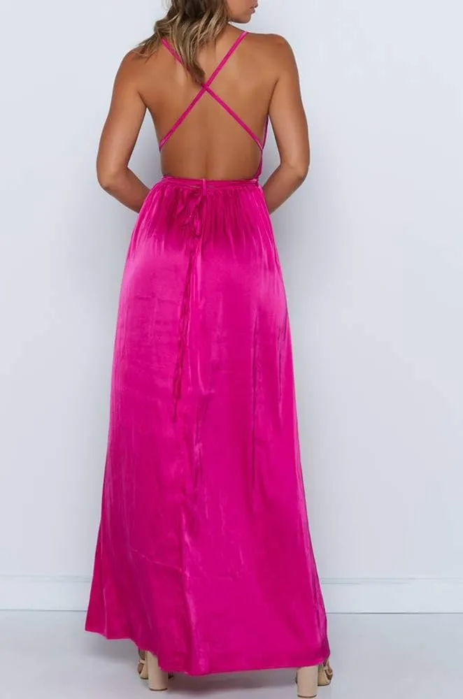 Women's Satin Formal Dress Sexy V Neck Backless Split Long Maxi Cocktail Party Wedding Guest Dress