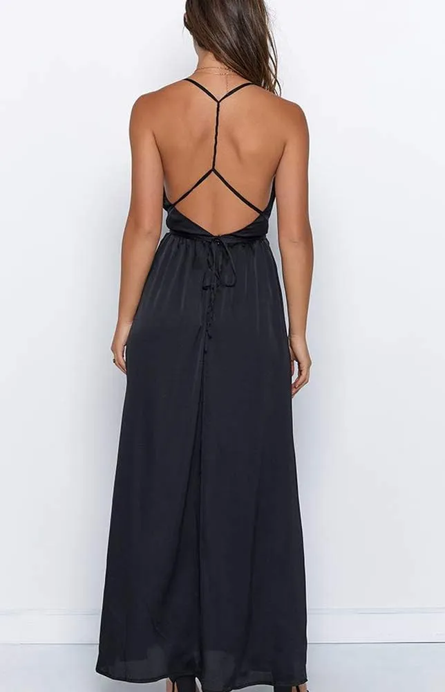Women's Satin Formal Dress Sexy V Neck Backless Split Long Maxi Cocktail Party Wedding Guest Dress