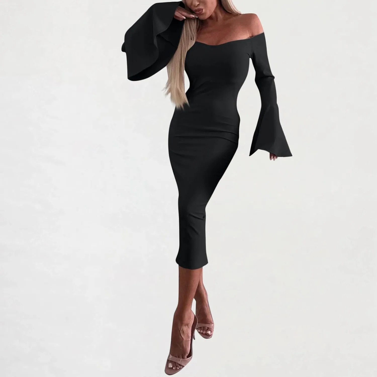 Women's Sexy Off The Shoulder Bodycon Midi Dresses Elegant Trendy Dressy Long Sleeve Evening Cocktail Party Dress