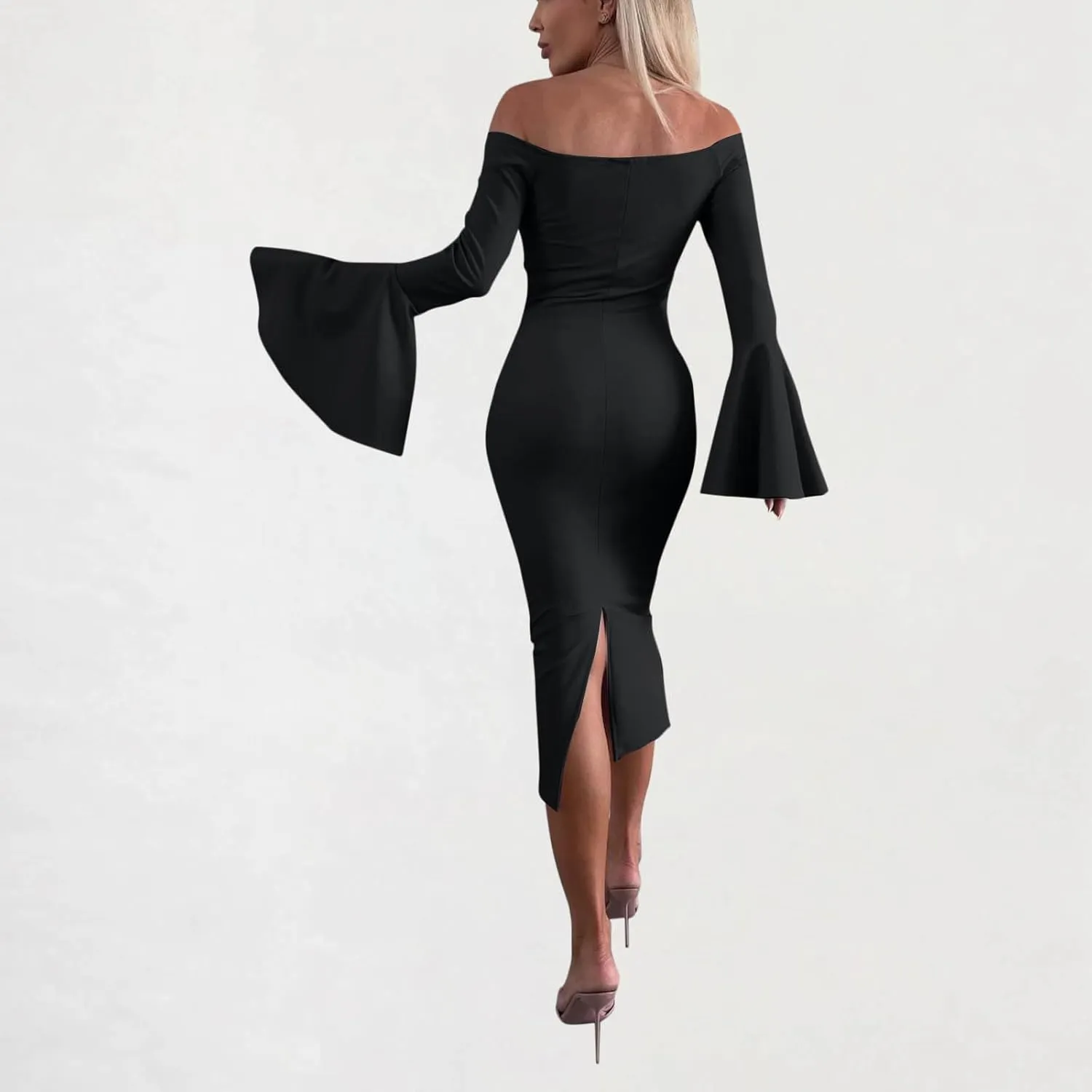 Women's Sexy Off The Shoulder Bodycon Midi Dresses Elegant Trendy Dressy Long Sleeve Evening Cocktail Party Dress