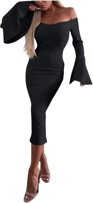 Women's Sexy Off The Shoulder Bodycon Midi Dresses Elegant Trendy Dressy Long Sleeve Evening Cocktail Party Dress