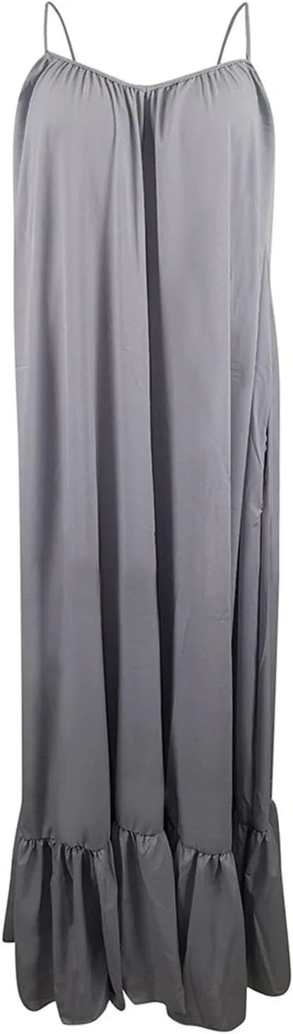 Womens Sexy Spaghetti Strap Dress Sleeveless Ruched Ruffle Hem Sundress Oversized Summer Beach Long Maxi Swing Dress