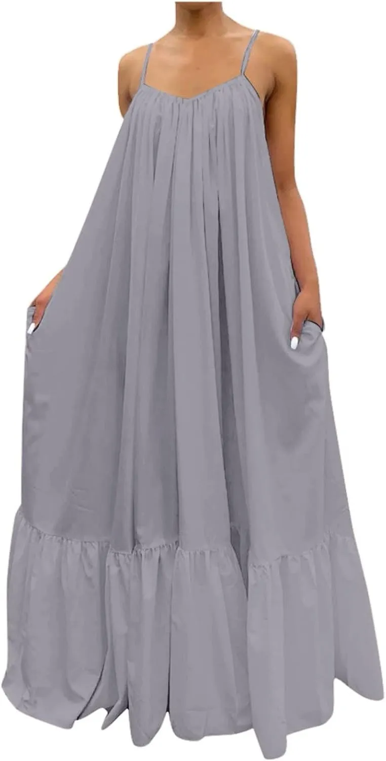 Womens Sexy Spaghetti Strap Dress Sleeveless Ruched Ruffle Hem Sundress Oversized Summer Beach Long Maxi Swing Dress