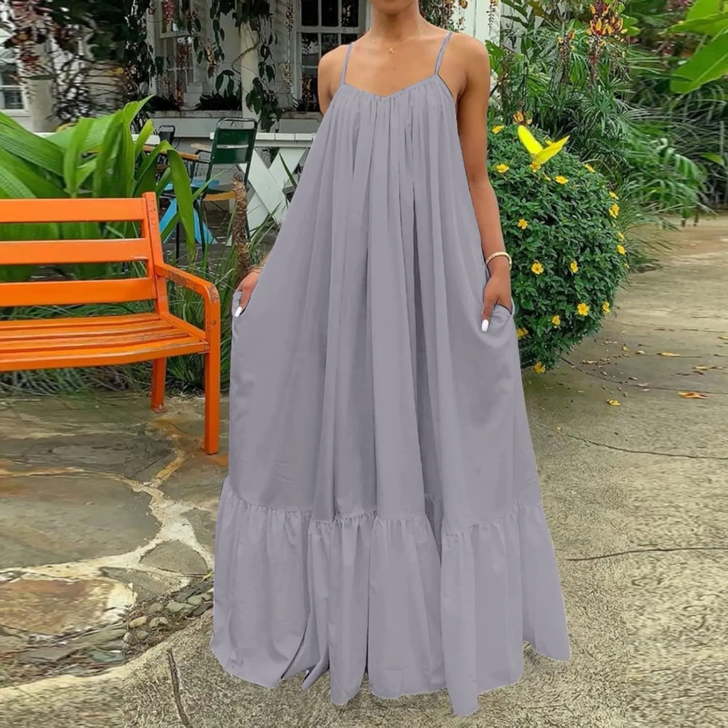 Womens Sexy Spaghetti Strap Dress Sleeveless Ruched Ruffle Hem Sundress Oversized Summer Beach Long Maxi Swing Dress