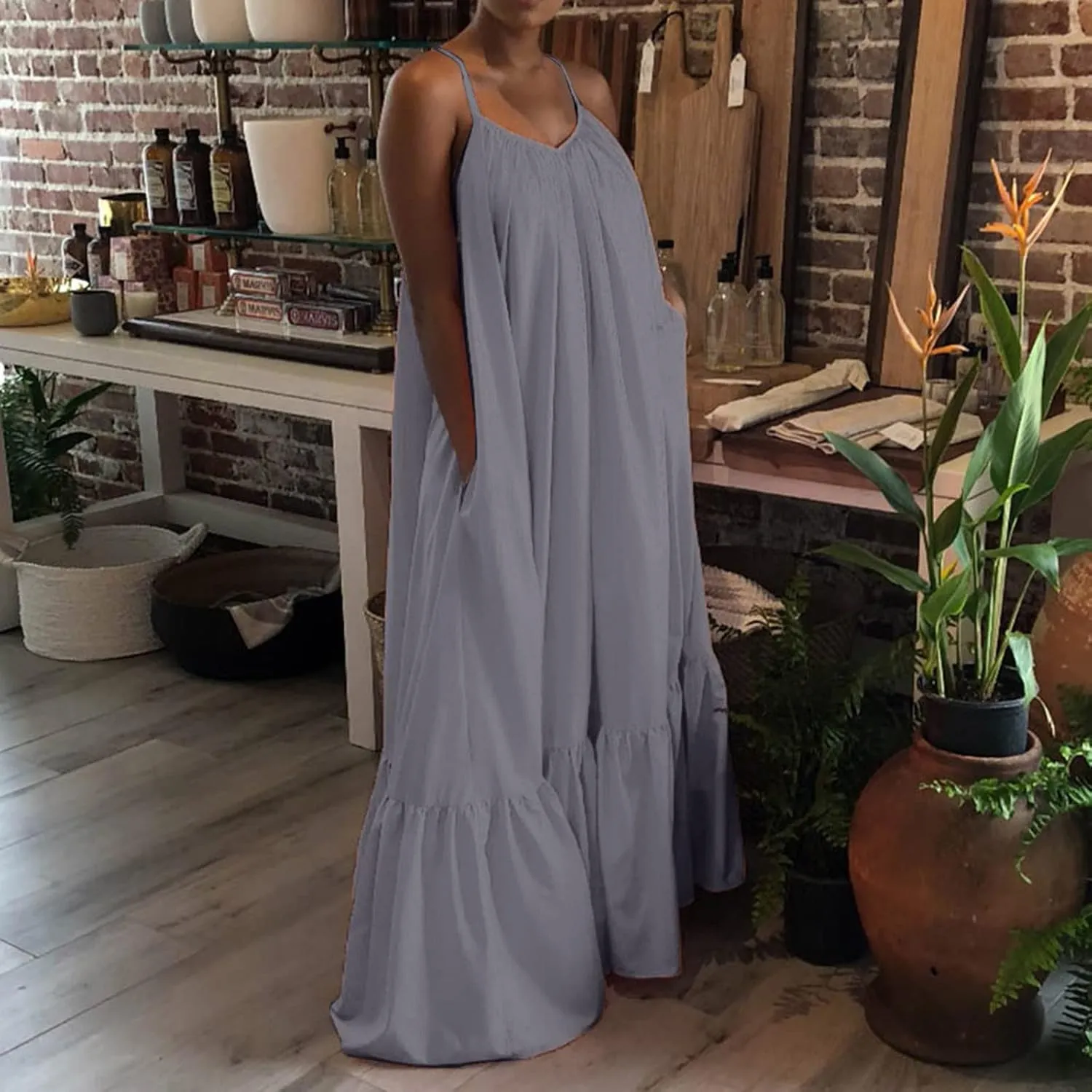 Womens Sexy Spaghetti Strap Dress Sleeveless Ruched Ruffle Hem Sundress Oversized Summer Beach Long Maxi Swing Dress