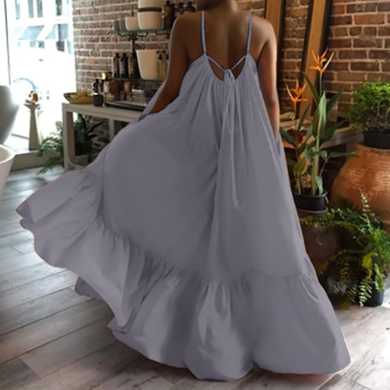 Womens Sexy Spaghetti Strap Dress Sleeveless Ruched Ruffle Hem Sundress Oversized Summer Beach Long Maxi Swing Dress