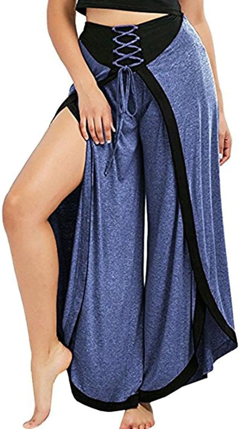 Women's Sexy Sport Wide Leg Pants Floral Print Lace Up Loose High Waist Palazzo Flared Trousers