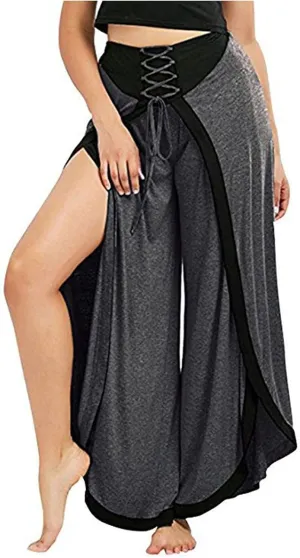 Women's Sexy Sport Wide Leg Pants Floral Print Lace Up Loose High Waist Palazzo Flared Trousers