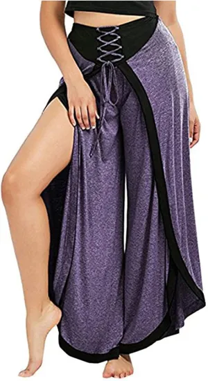 Women's Sexy Sport Wide Leg Pants Floral Print Lace Up Loose High Waist Palazzo Flared Trousers