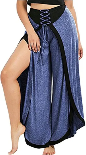 Women's Sexy Sport Wide Leg Pants Floral Print Lace Up Loose High Waist Palazzo Flared Trousers