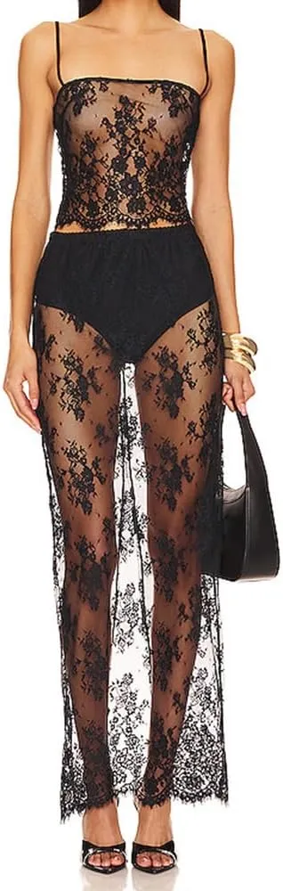 Women's Sheer Floral Lace Long Skirt See Through Lightweight High Waisted Soft A Line Maxi Sexy Skirt