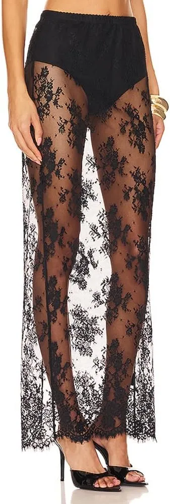 Women's Sheer Floral Lace Long Skirt See Through Lightweight High Waisted Soft A Line Maxi Sexy Skirt