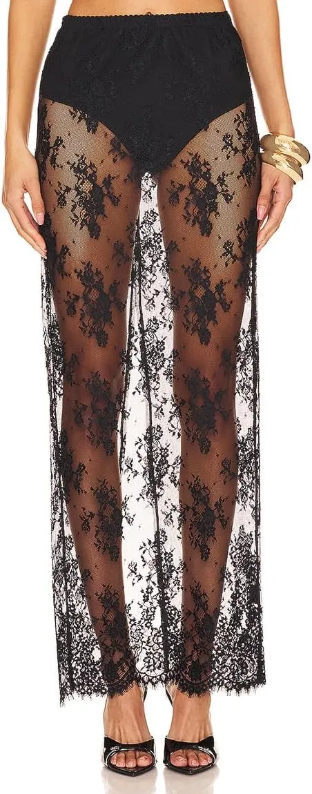 Women's Sheer Floral Lace Long Skirt See Through Lightweight High Waisted Soft A Line Maxi Sexy Skirt