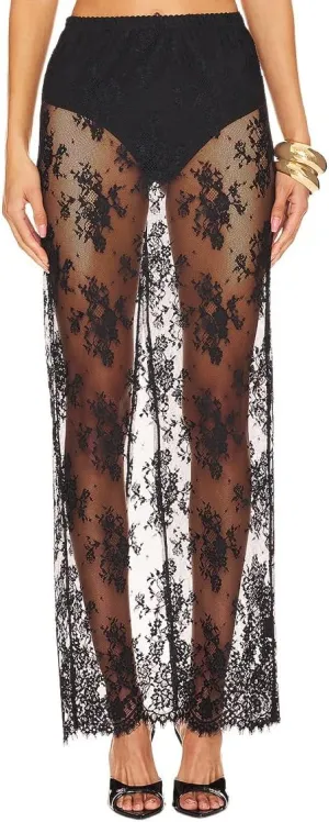 Women's Sheer Floral Lace Long Skirt See Through Lightweight High Waisted Soft A Line Maxi Sexy Skirt