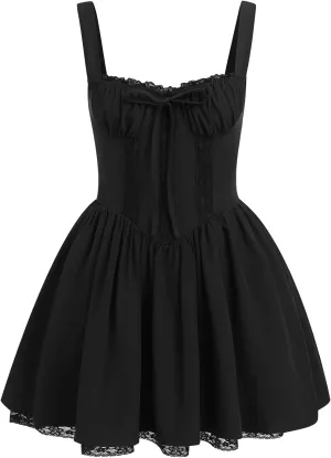 Women's Short Corset Sundress Boho Mini Dress Sleeveless Backless Low Cut Lace Dress Summer
