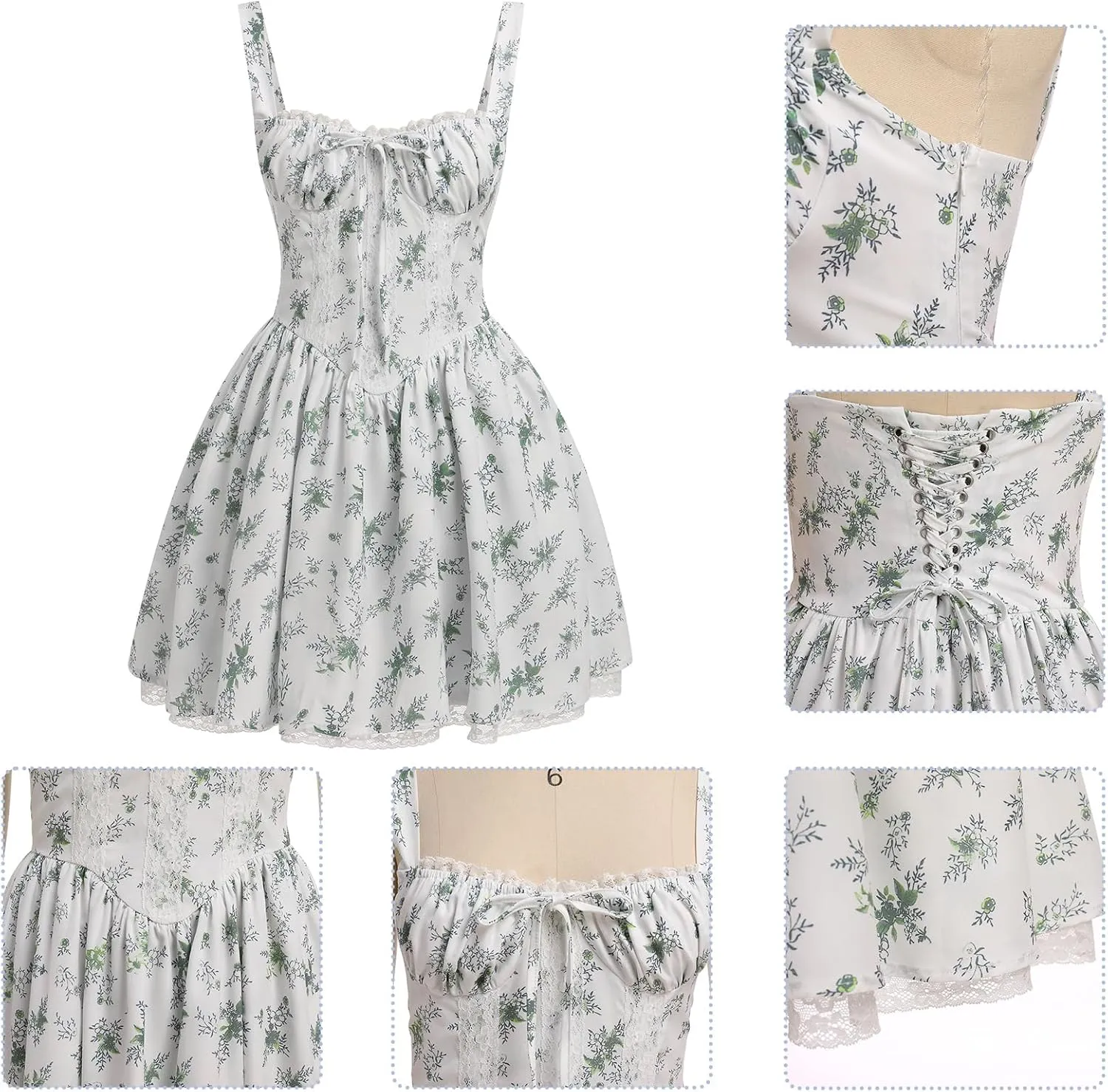 Women's Short Corset Sundress Boho Mini Dress Sleeveless Backless Low Cut Lace Dress Summer