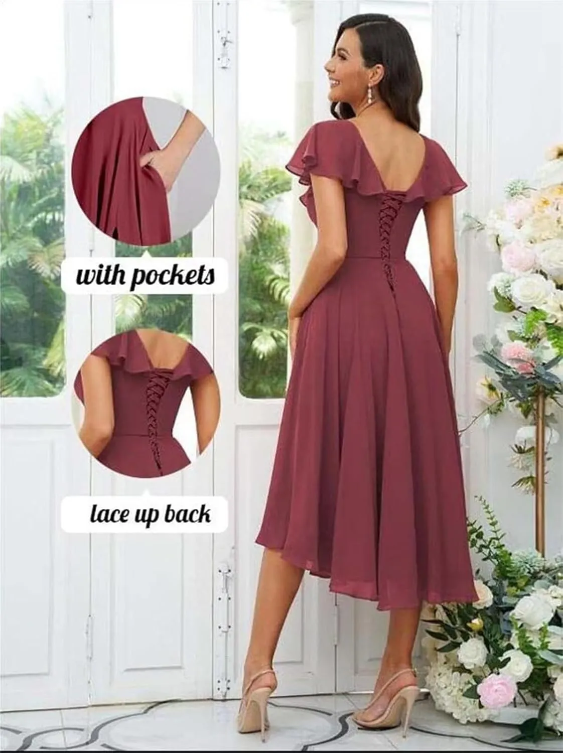 Women's Short Sleeve Bridesmaid Dresses for Wedding Ruffle Chiffon Short Wedding Guest Dresses
