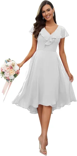 Women's Short Sleeve Bridesmaid Dresses for Wedding Ruffle Chiffon Short Wedding Guest Dresses