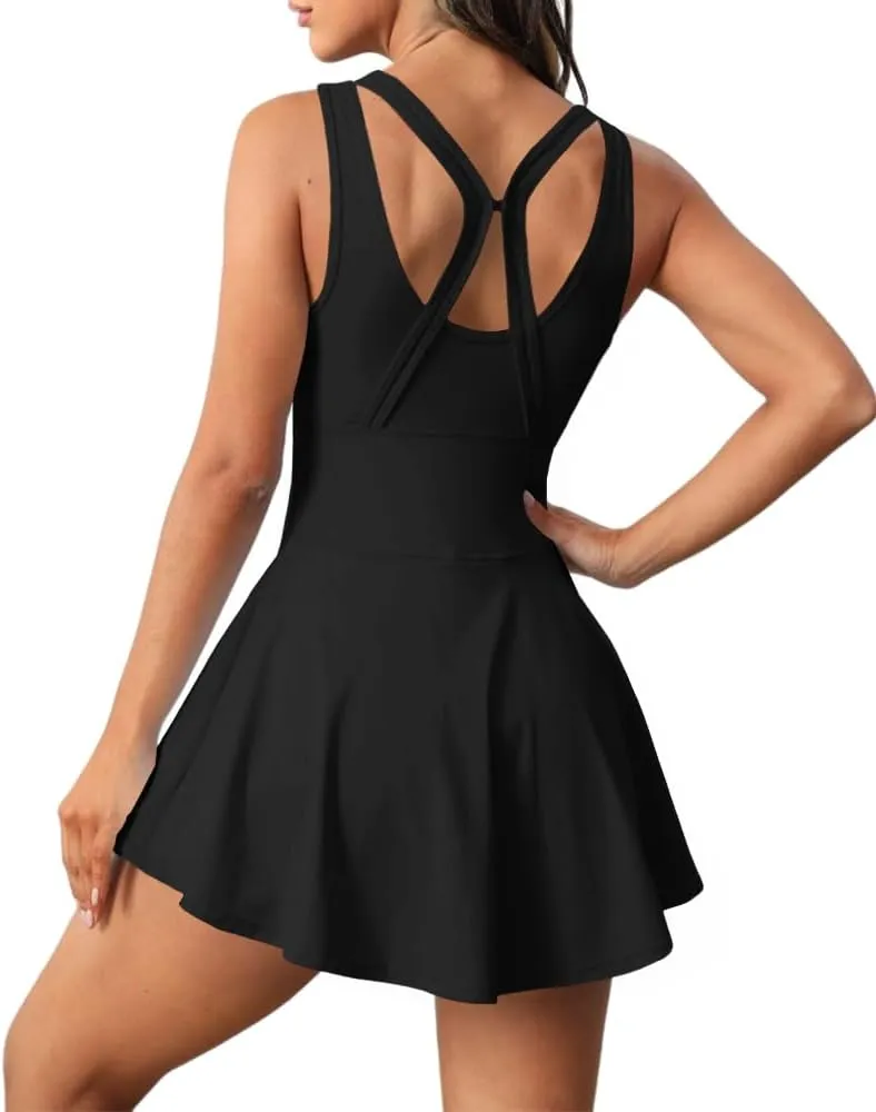Womens Sleeveless 2-in-1 Athletic Tennis Golf Dress Underneath Workout Active Dresses with Built-in Shorts
