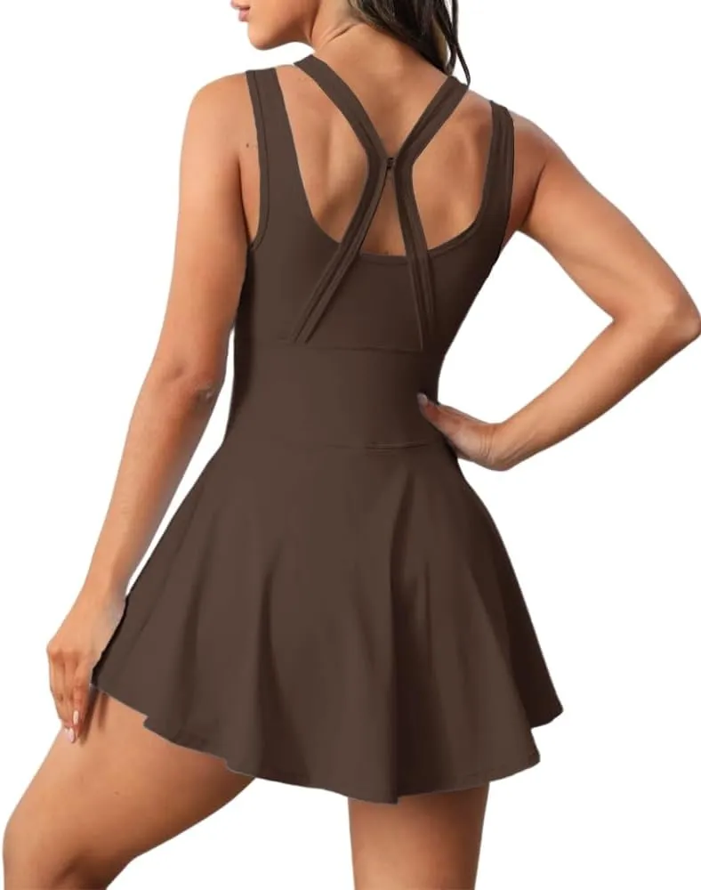 Womens Sleeveless 2-in-1 Athletic Tennis Golf Dress Underneath Workout Active Dresses with Built-in Shorts