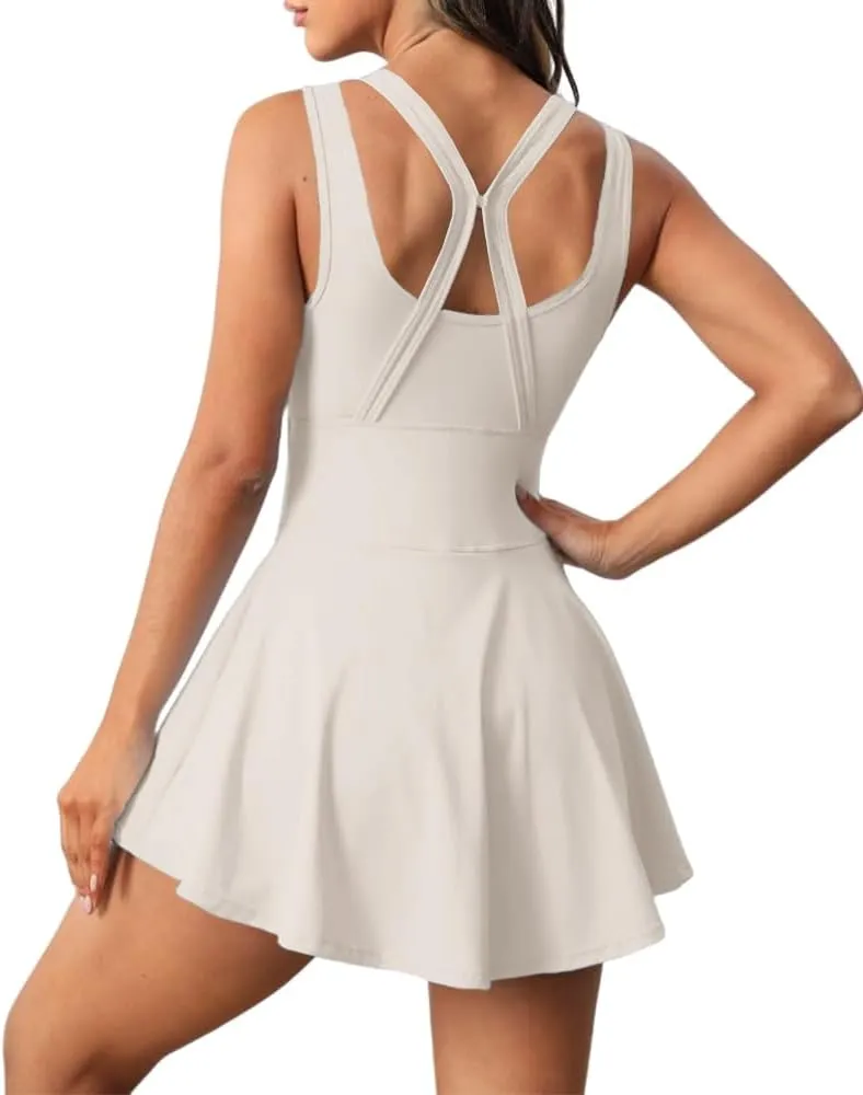 Womens Sleeveless 2-in-1 Athletic Tennis Golf Dress Underneath Workout Active Dresses with Built-in Shorts