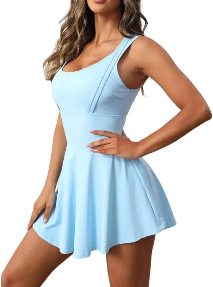 Womens Sleeveless 2-in-1 Athletic Tennis Golf Dress Underneath Workout Active Dresses with Built-in Shorts