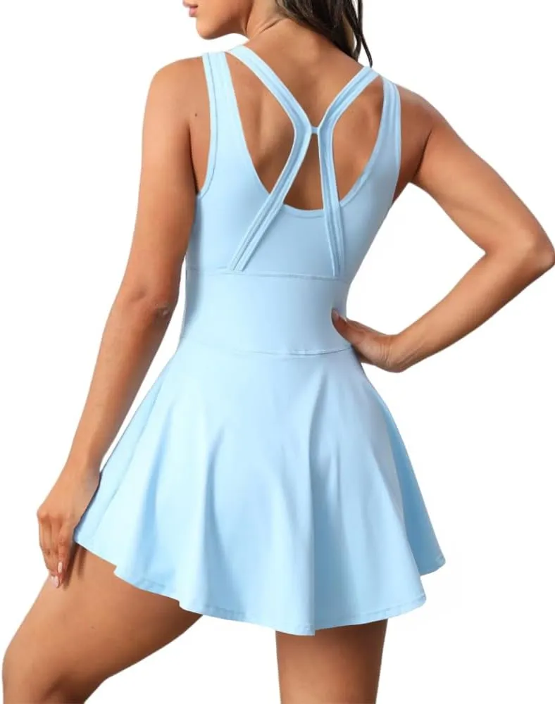 Womens Sleeveless 2-in-1 Athletic Tennis Golf Dress Underneath Workout Active Dresses with Built-in Shorts