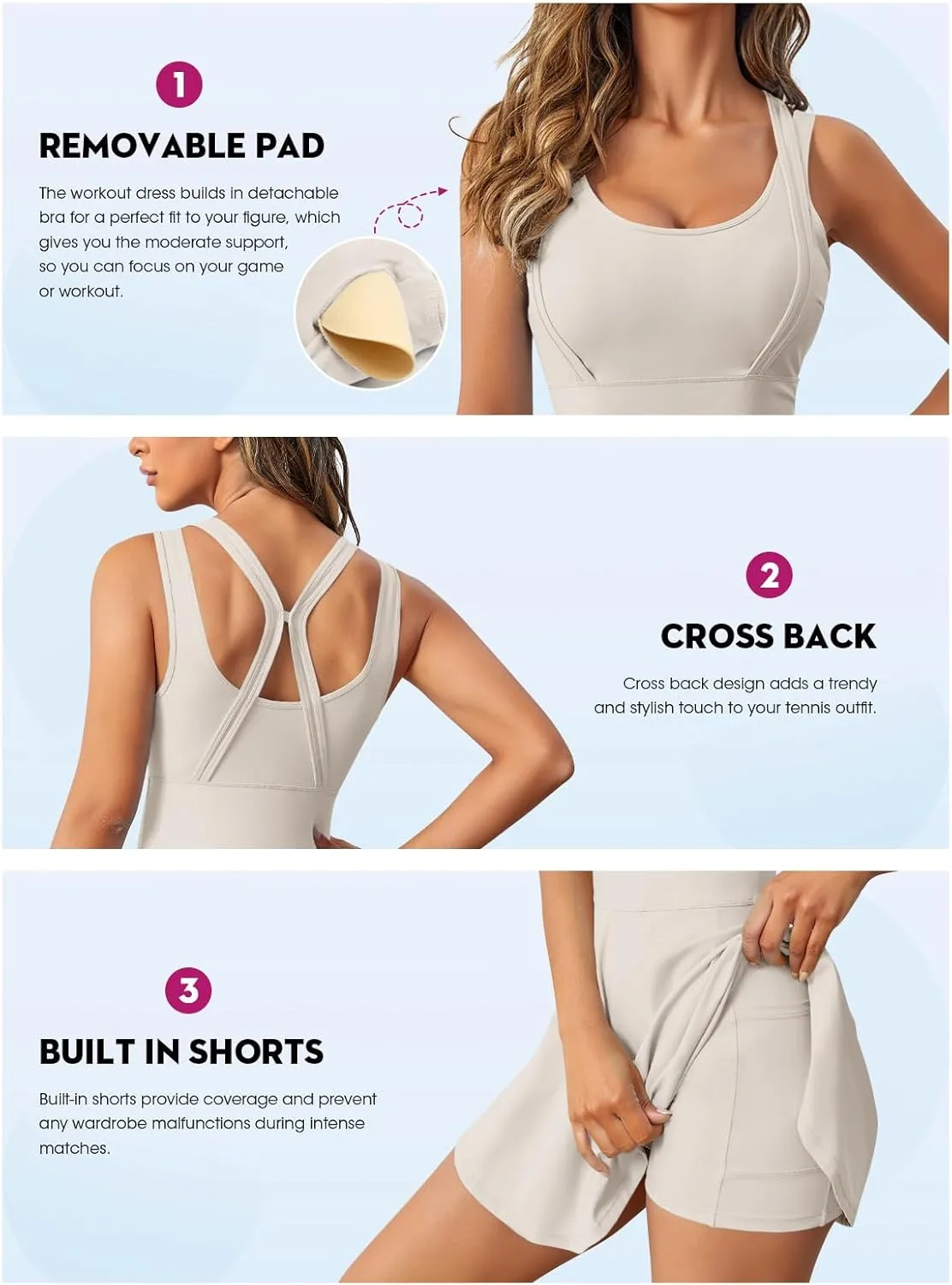 Womens Sleeveless 2-in-1 Athletic Tennis Golf Dress Underneath Workout Active Dresses with Built-in Shorts
