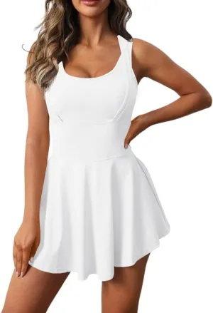 Womens Sleeveless 2-in-1 Athletic Tennis Golf Dress Underneath Workout Active Dresses with Built-in Shorts