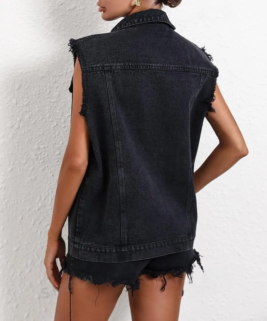 Womens Sleeveless Denim Vest Classic Button Down Jean Jackets with Pockets