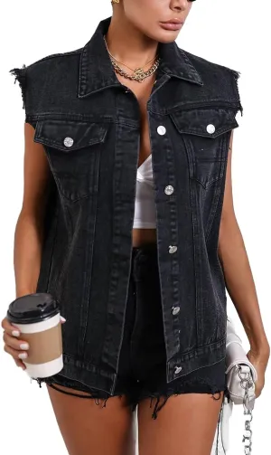 Womens Sleeveless Denim Vest Classic Button Down Jean Jackets with Pockets