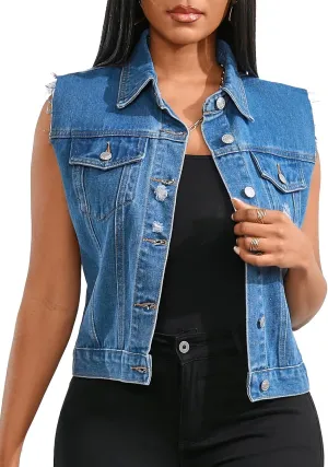 Womens Sleeveless Denim Vest Classic Button Down Jean Jackets with Pockets
