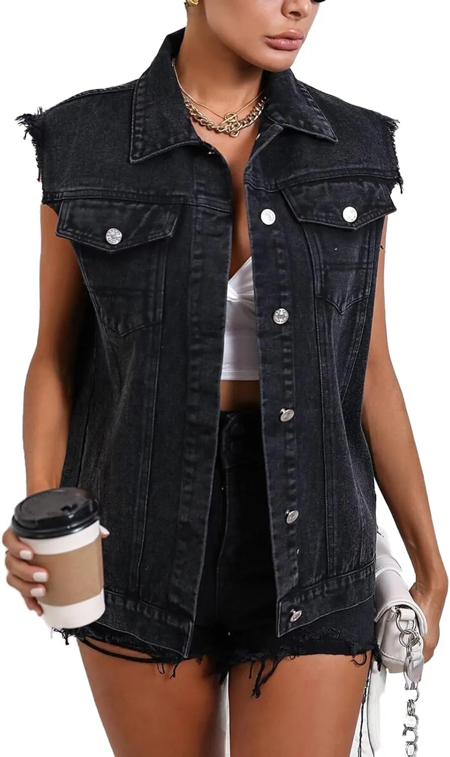 Womens Sleeveless Denim Vest Classic Button Down Jean Jackets with Pockets