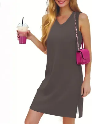 Women's Sleeveless Dresses Fashion V Neck Casual 2025 Dress with Side Slits Elegant Summer Dress Burgundy Sizes S-XL