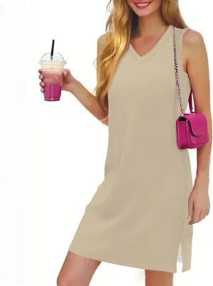 Women's Sleeveless Dresses Fashion V Neck Casual 2025 Dress with Side Slits Elegant Summer Dress Burgundy Sizes S-XL