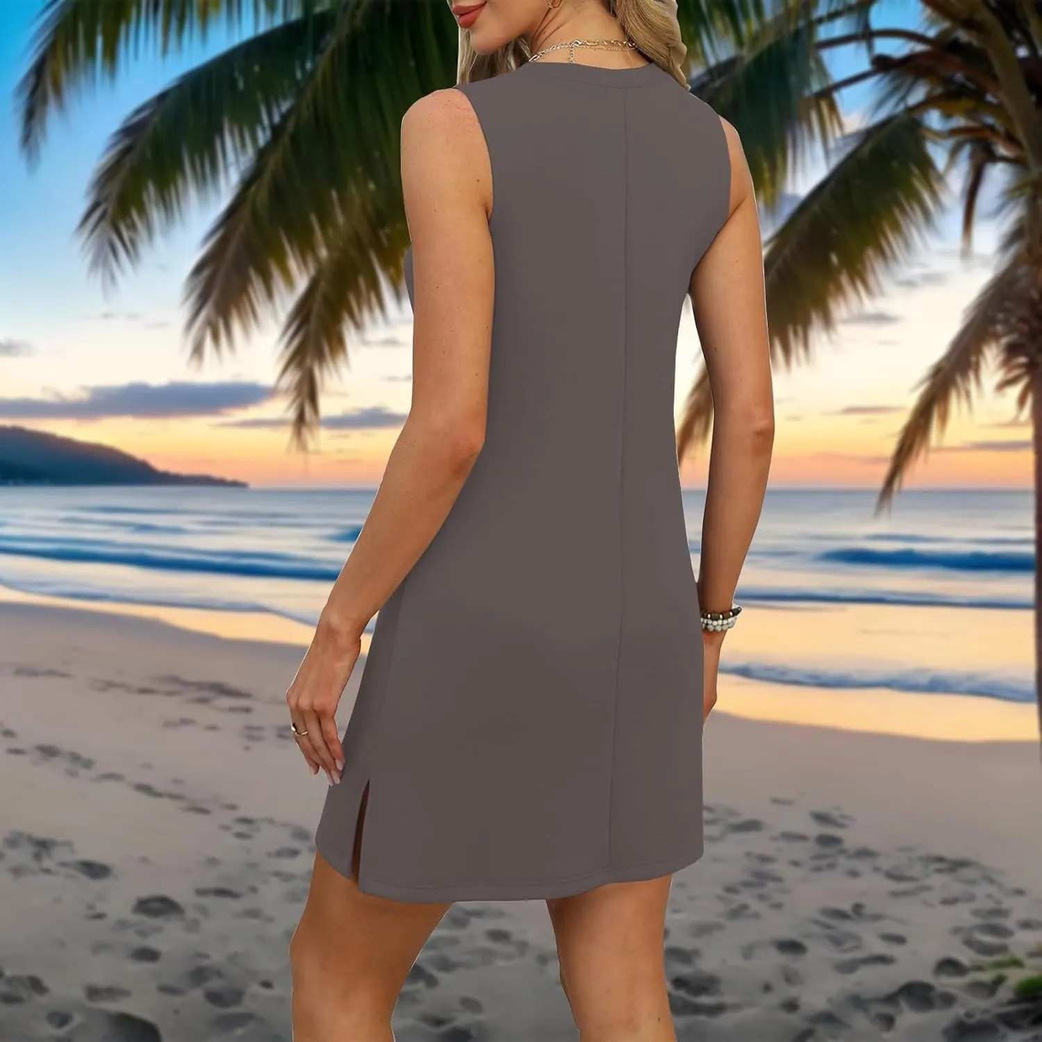 Women's Sleeveless Dresses Fashion V Neck Casual 2025 Dress with Side Slits Elegant Summer Dress Burgundy Sizes S-XL